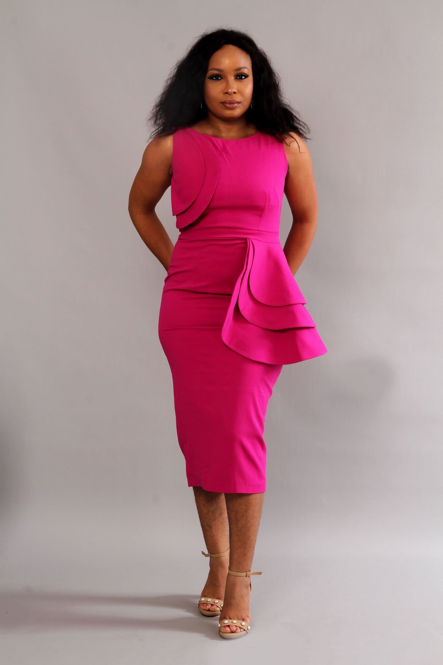 Pink Fitted Formal Midi Party Statement Dress