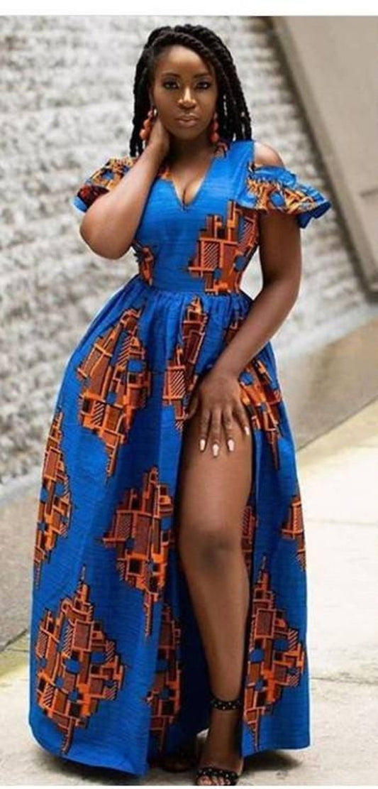 BLUE ORANGE MULTI AFRICAN ANKARA PRINT PLUS SIZE CLOTHING PARTY MAXI DRESS