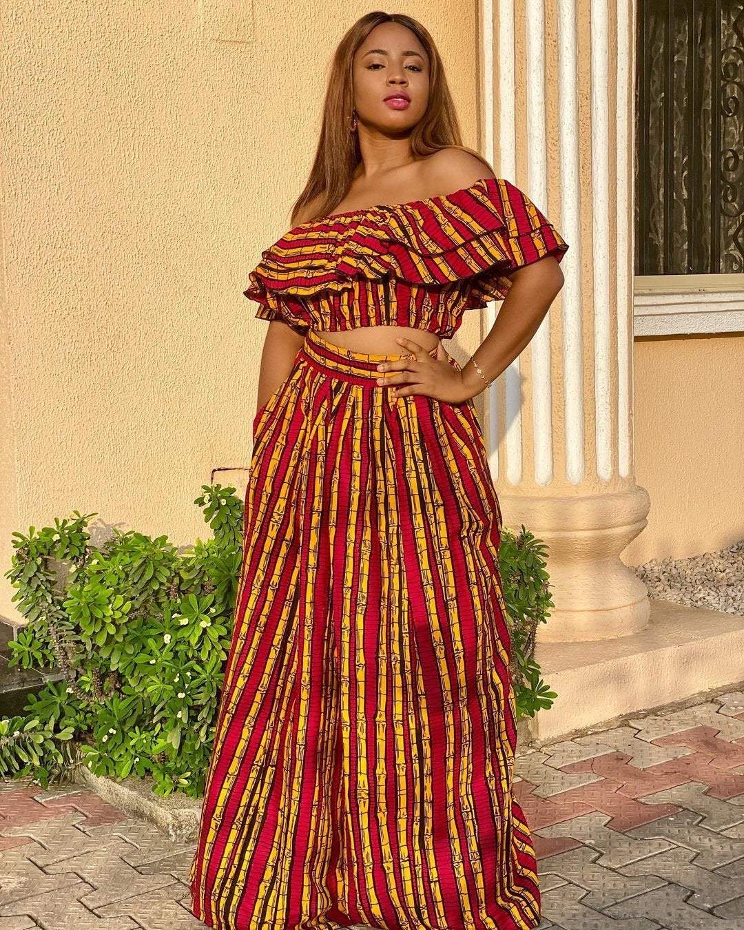 Ensemble de jupe deux pièces grande taille à imprimé africain Ankara rouge jaune