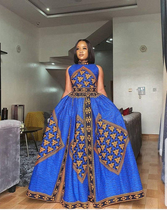 BLUE RED AFRICAN ANKARA PRINT LONG MAXI DRESS