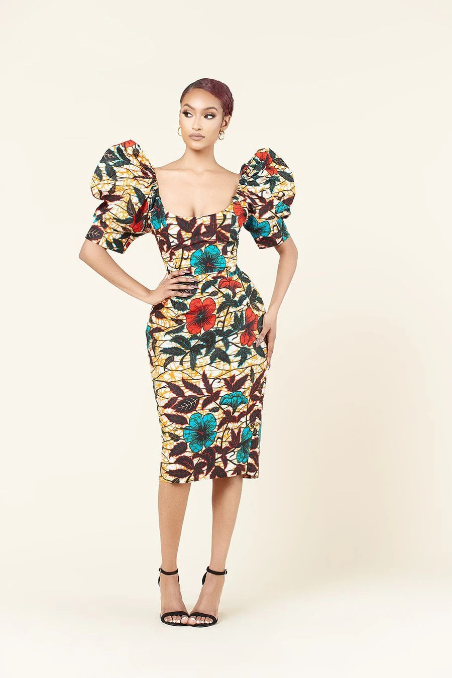 Beige Multi African Ankara Print Plus Size Short Party Dress