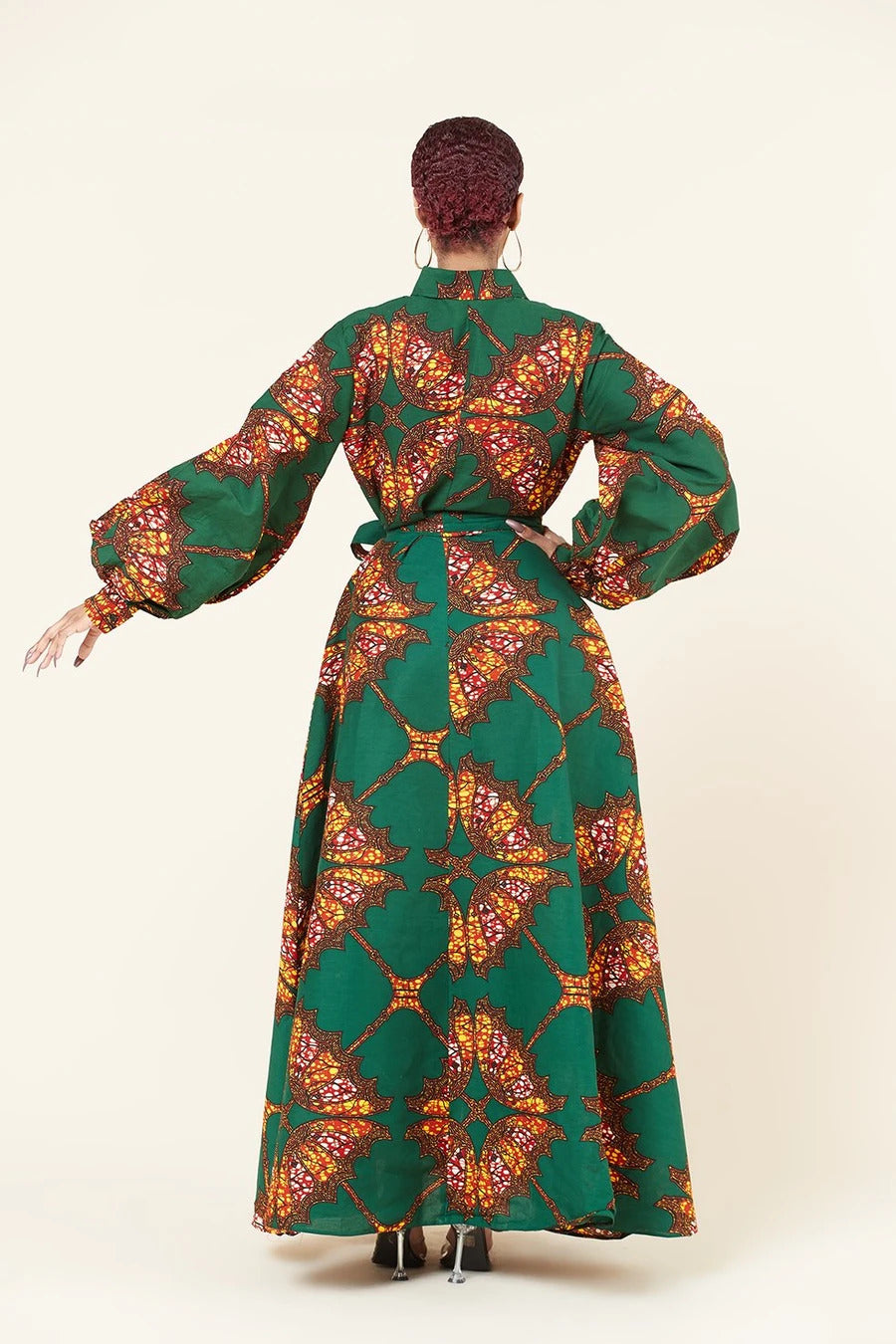 GREEN BROWN PLUS SIZE AFRICAN ANKARA PRINT LONG A LINE SHIRT DRESS