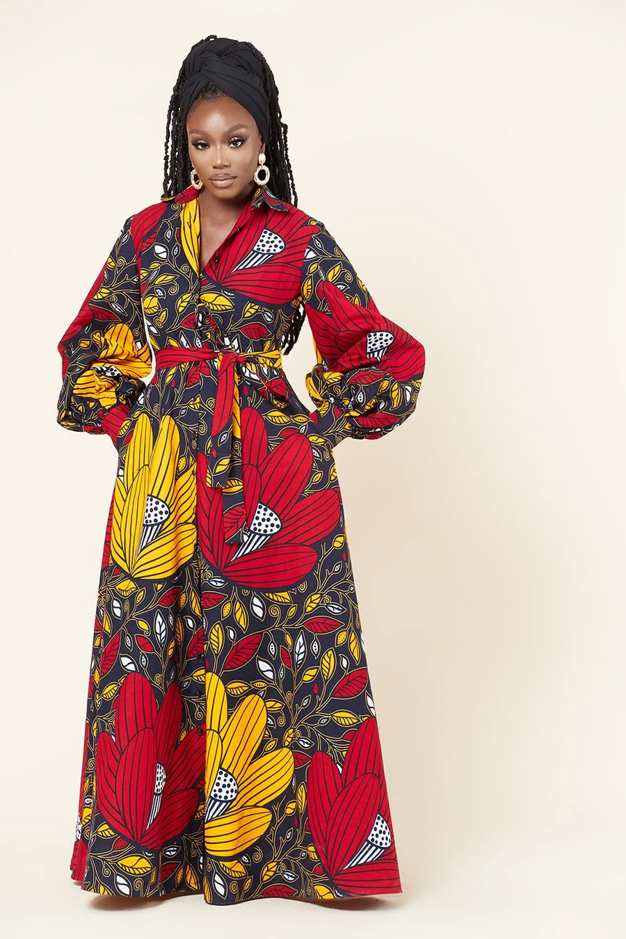 RED YELLOW PLUS SIZE AFRICAN ANKARA PRINT LONG SHIRT DRESS