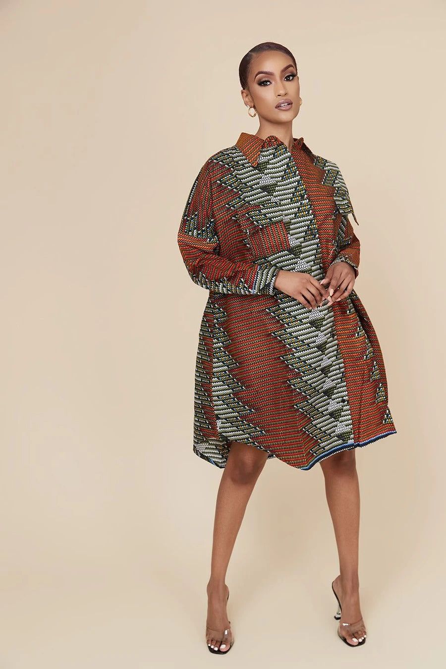 BROWN GOLD AFRICAN ANKARA PRINT PLUS SIZE FITTED FORMAL SHORT PARTY SHIRT DRESS