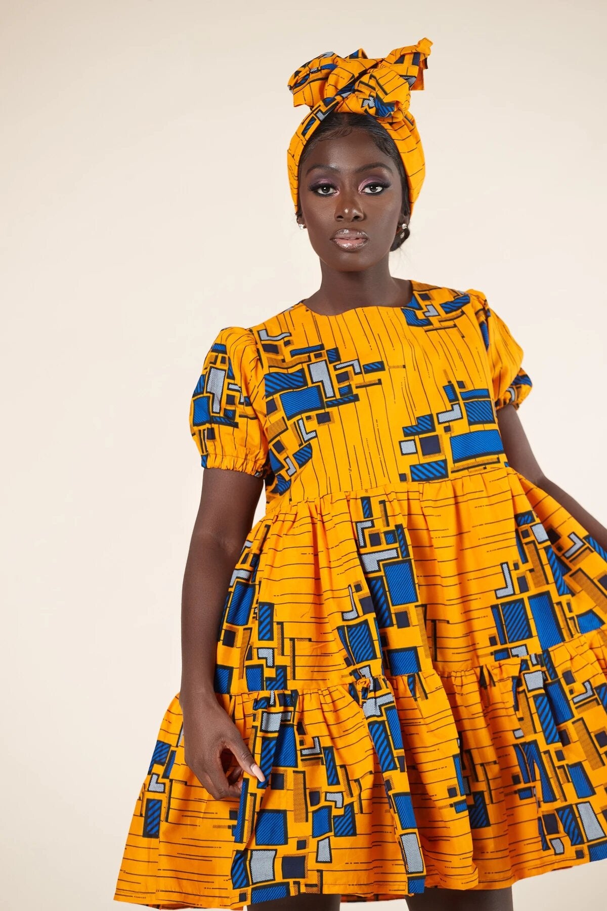 YELLOW BLUE AFRICAN ANKARA PRINT SHORT PARTY DRESS