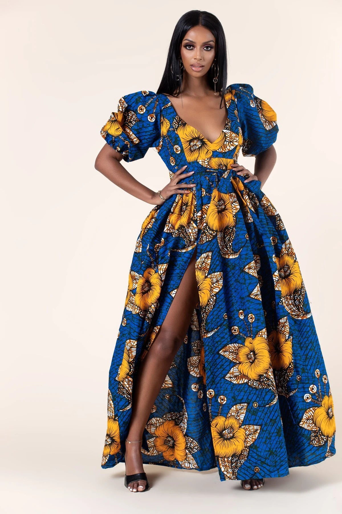 BLUE MUSTARD YELLOW AFRICAN ANKARA PRINT PLUS SIZE CLOTHING PARTY DRESS