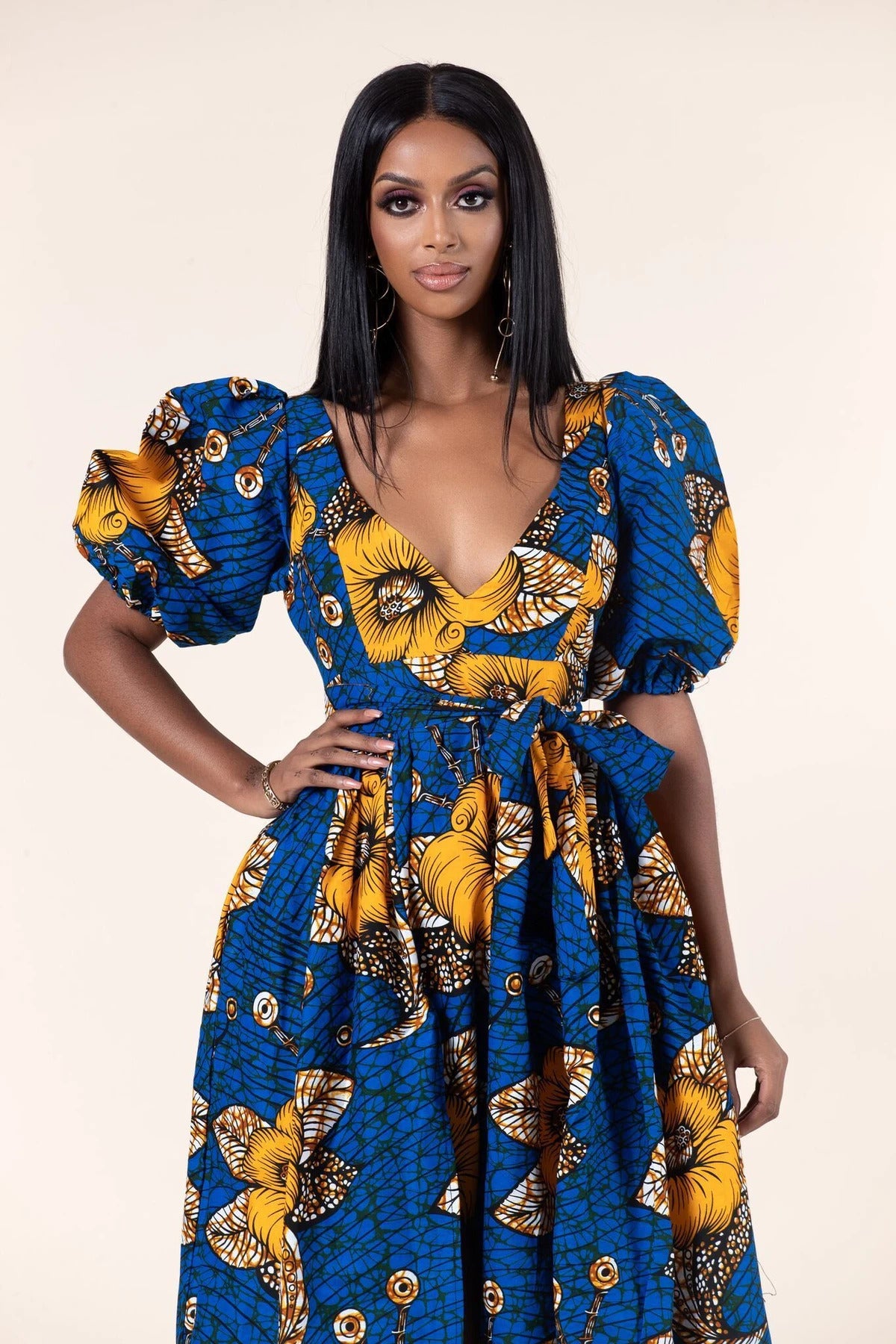 BLUE MUSTARD YELLOW AFRICAN ANKARA PRINT PLUS SIZE CLOTHING PARTY DRESS