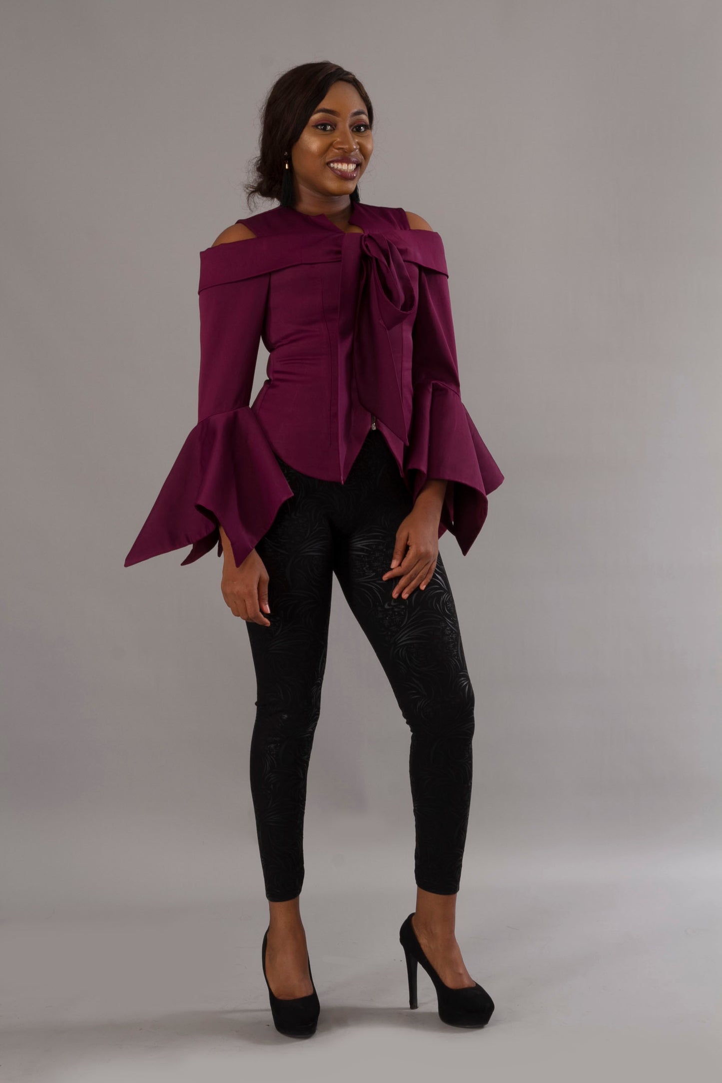 Purple Handkerchief Sleeve Fitted Statement Party Top