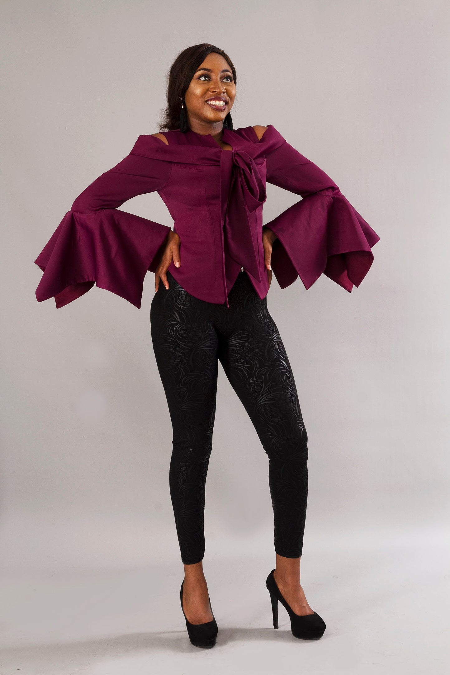 Purple Handkerchief Sleeve Fitted Statement Party Top