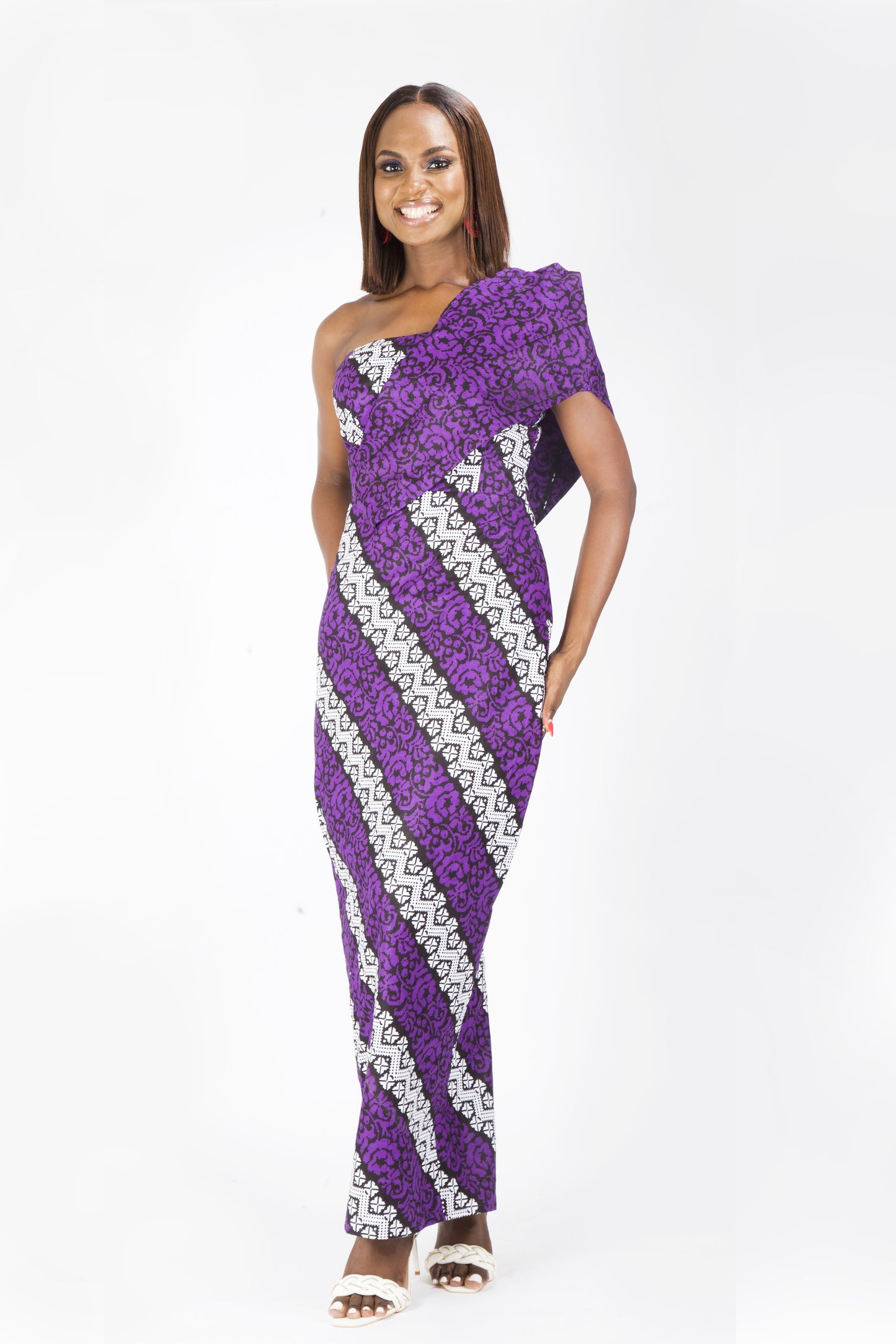 Purple One Shoulder African Ankara Print Long Fitted Dress