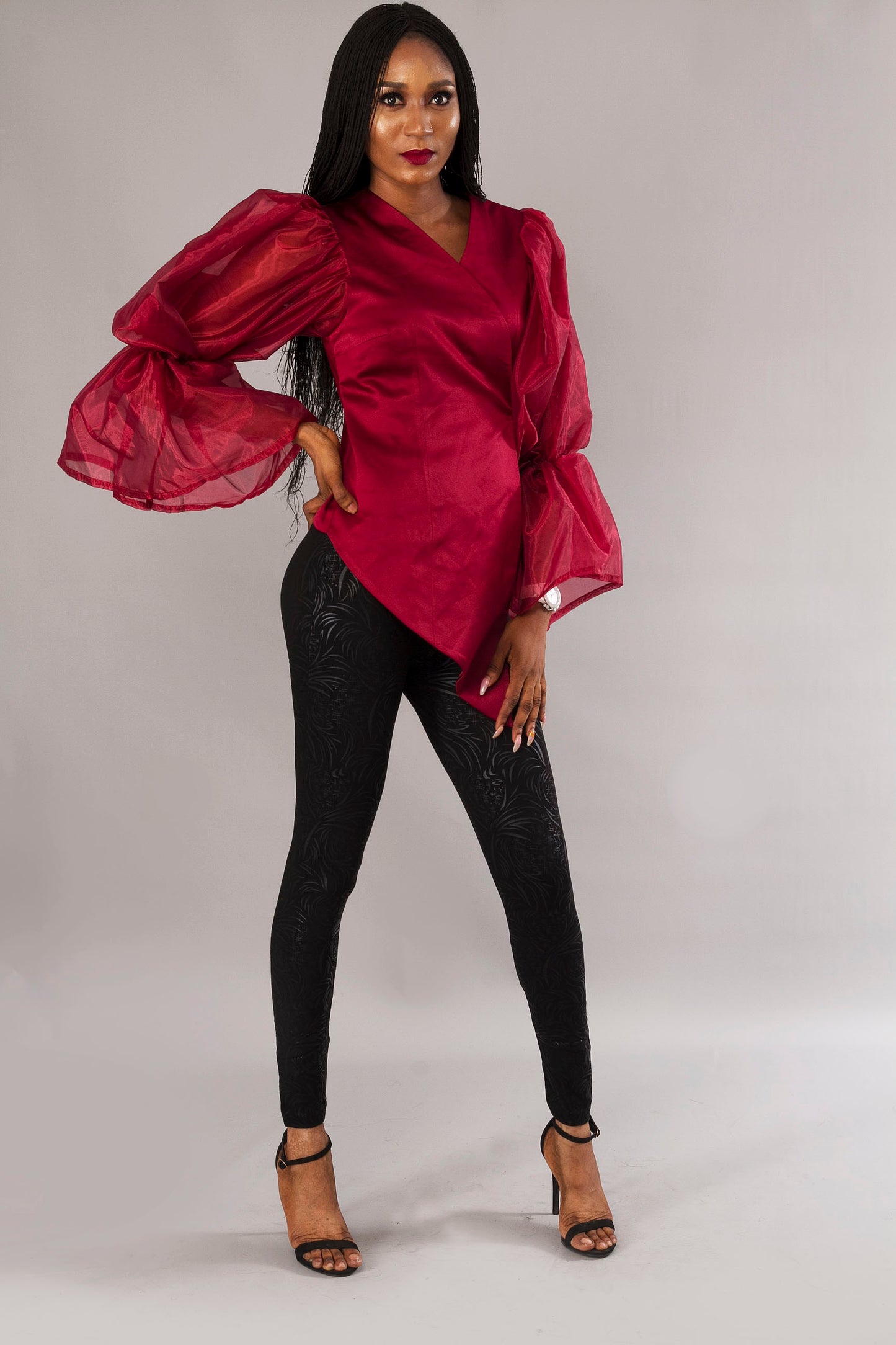 Burgundy Long Bell Sleeve Fitted Statement Party  Wrap Top