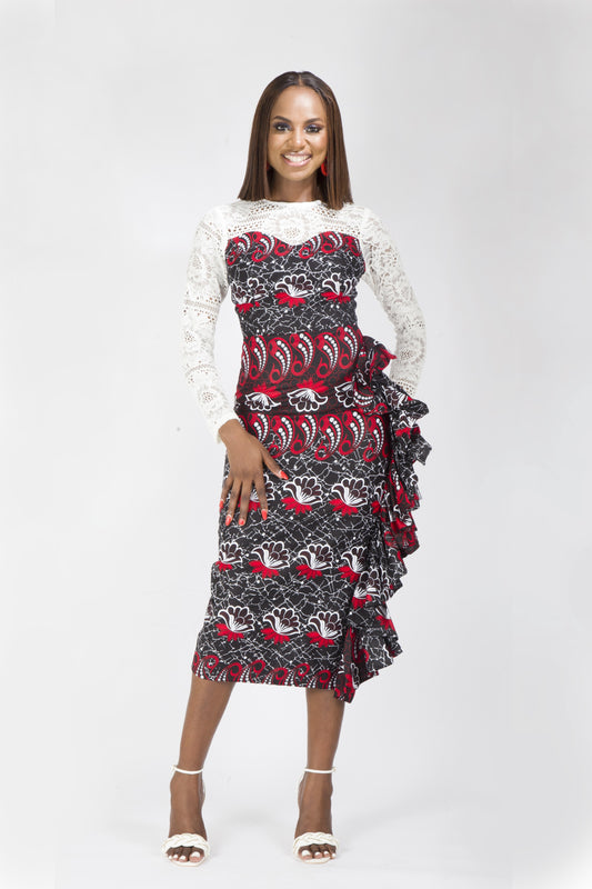 Red Black Fitted African Ankara Print Midi Party Dress