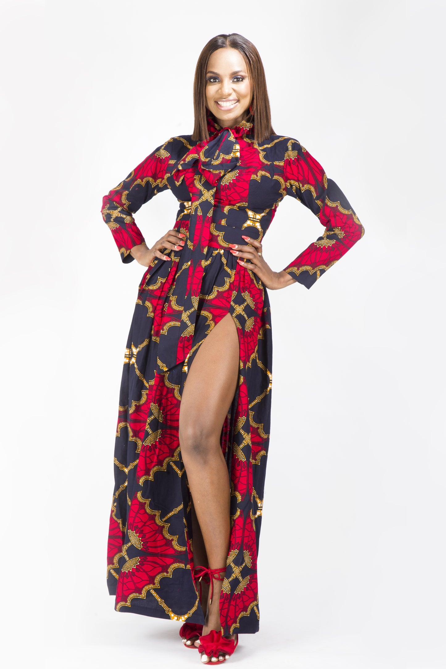 Red Blue Long Sleeve African Ankara Print Maxi Dress