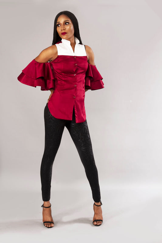 Burgundy White Cold-Shoulder Sleeve Fitted Statement Party Top
