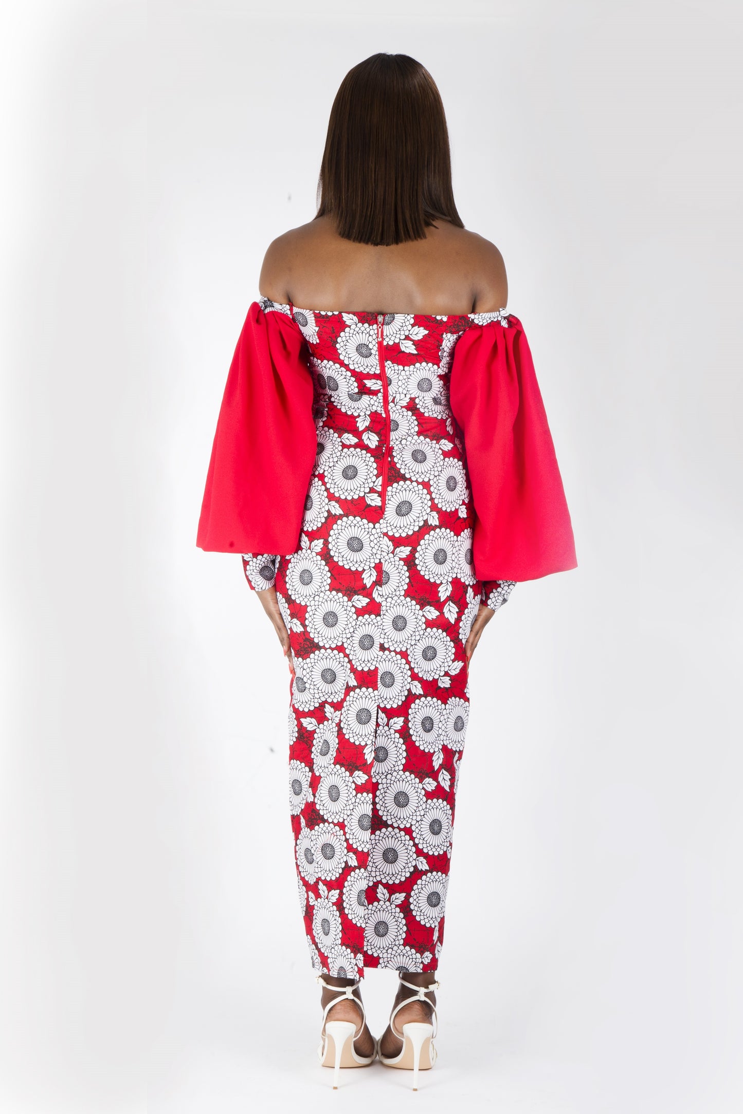 Red White Fitted African Ankara Long Party Dress